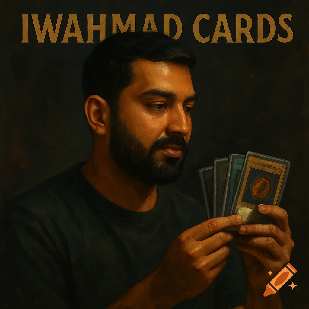 A man looks down at trading cards he holds in his hands, with the text "IWAHMAD CARDS" above him.