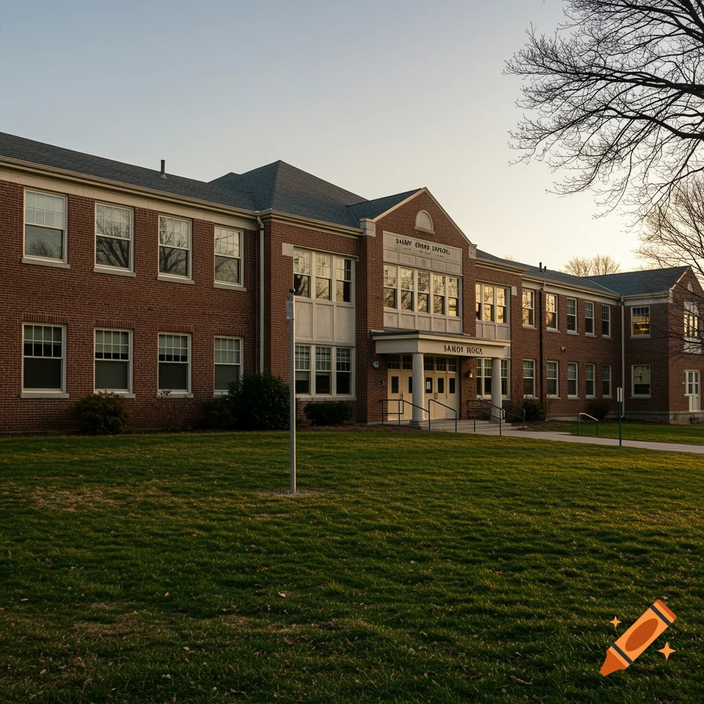 Photorealistic image of a brick school building with white trim and green lawn.