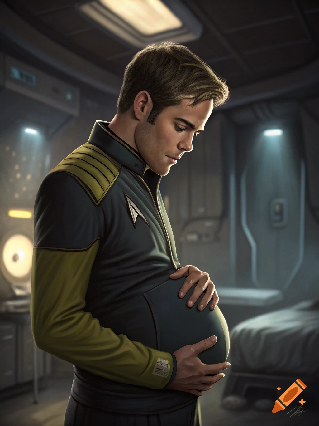 Man in Starfleet uniform cradling a pregnant belly on a spaceship