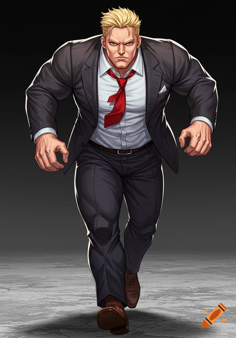 Muscular man with blonde hair and red eyes wearing a suit, walking forward in anime style.