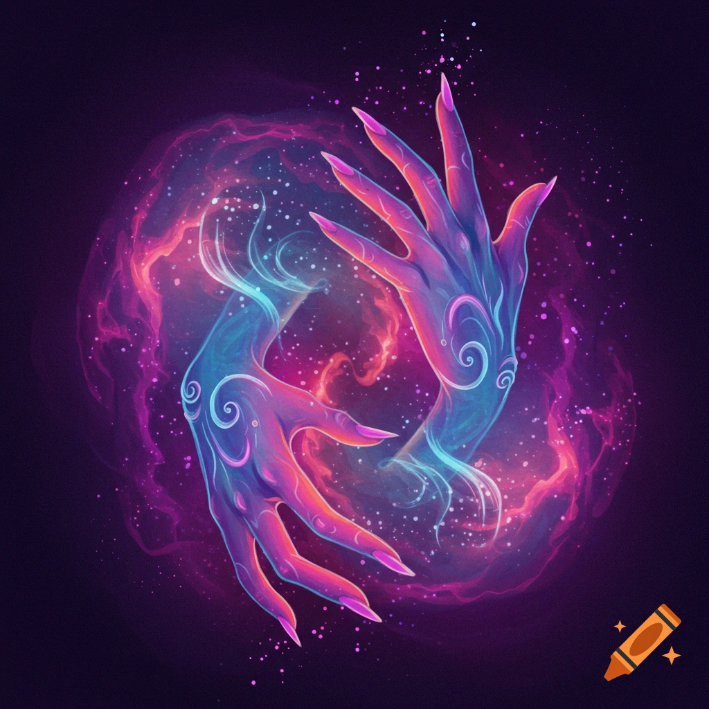 Two stylized, glowing hands with patterns reach towards each other within a swirling cosmic nebula.