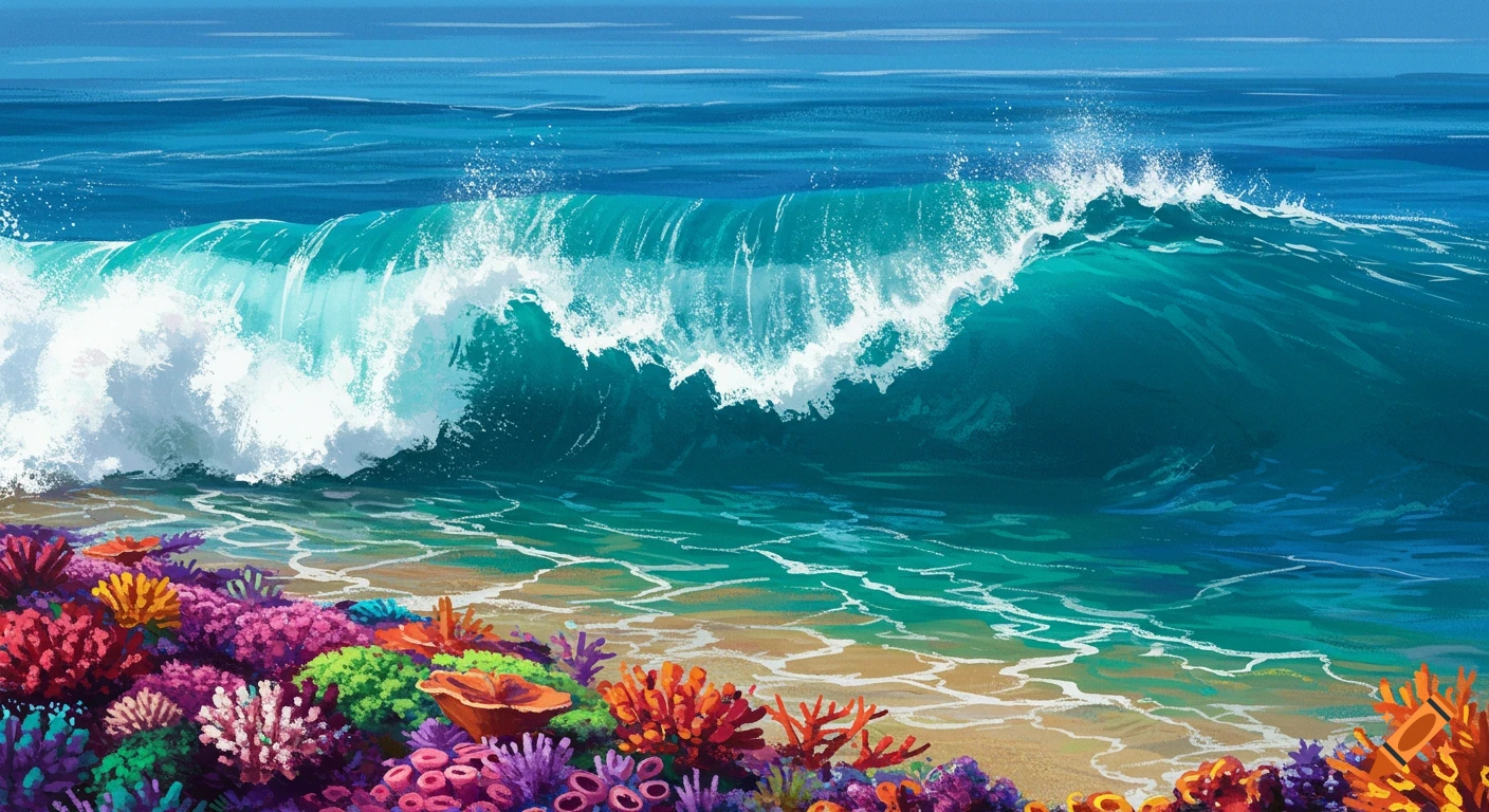 Large ocean wave crashes over a vibrant coral reef near a sandy beach, painted style.