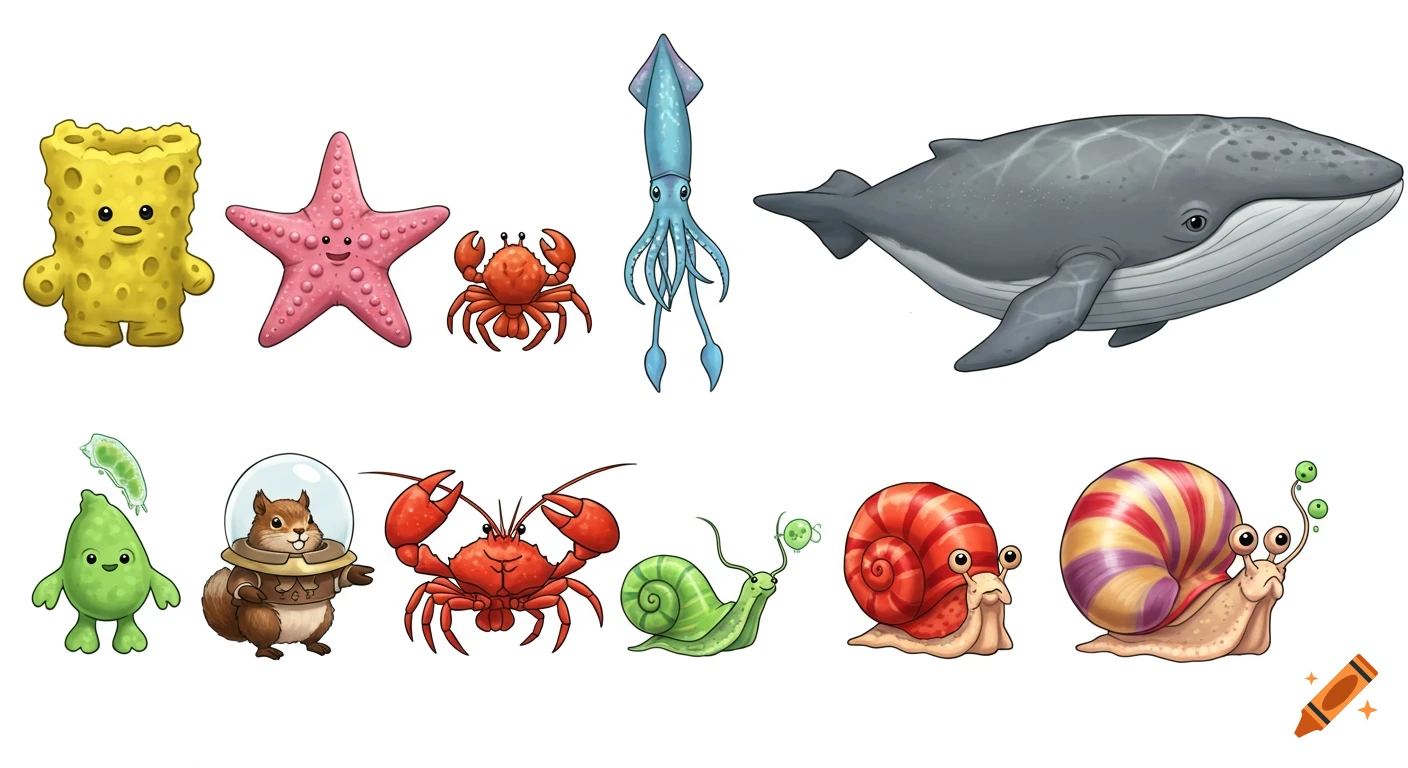 Collection of stylized cartoon sea creatures and a squirrel illustration on white.