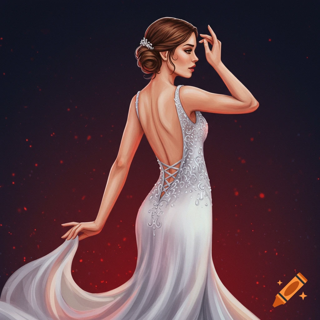 Illustration of a woman in a white backless dress with silver details against a dark background.