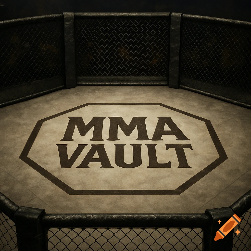 Empty MMA fighting cage with MMA VAULT logo on the mat