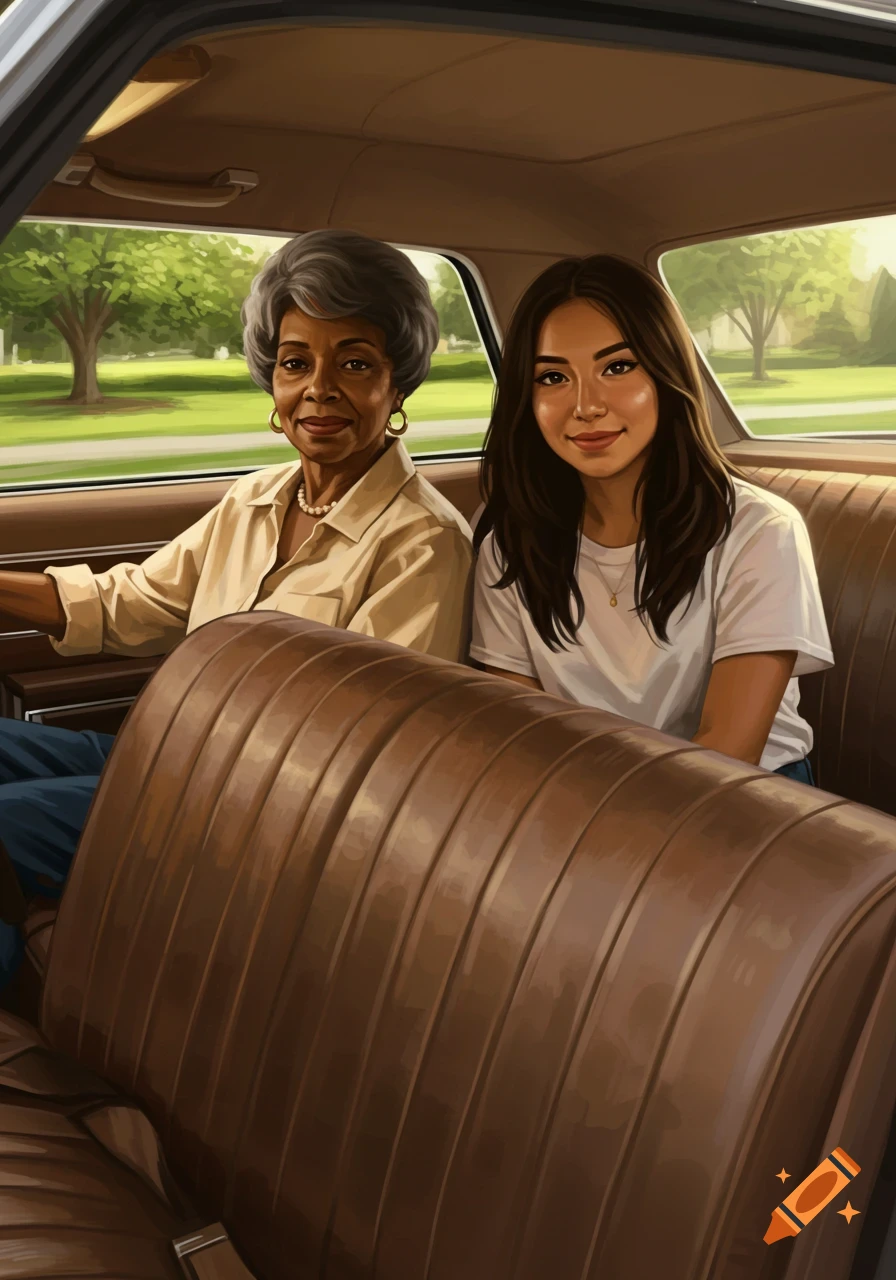 An older woman drives a car with a younger woman passenger in the front bench seat. Illustration.
