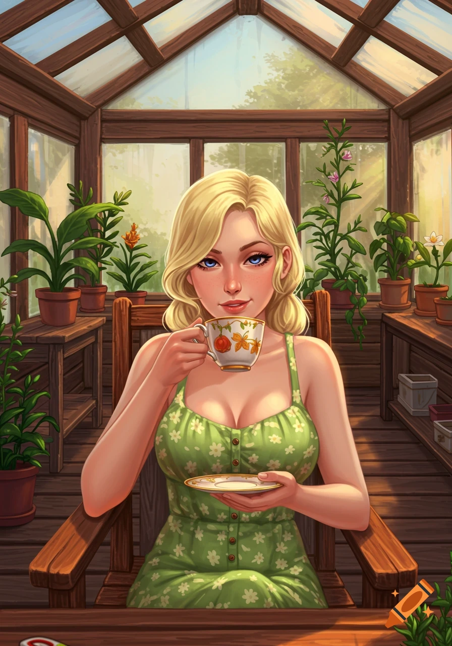 An illustration of a blonde woman in a green dress sitting in a greenhouse with plants, holding a tea cup.