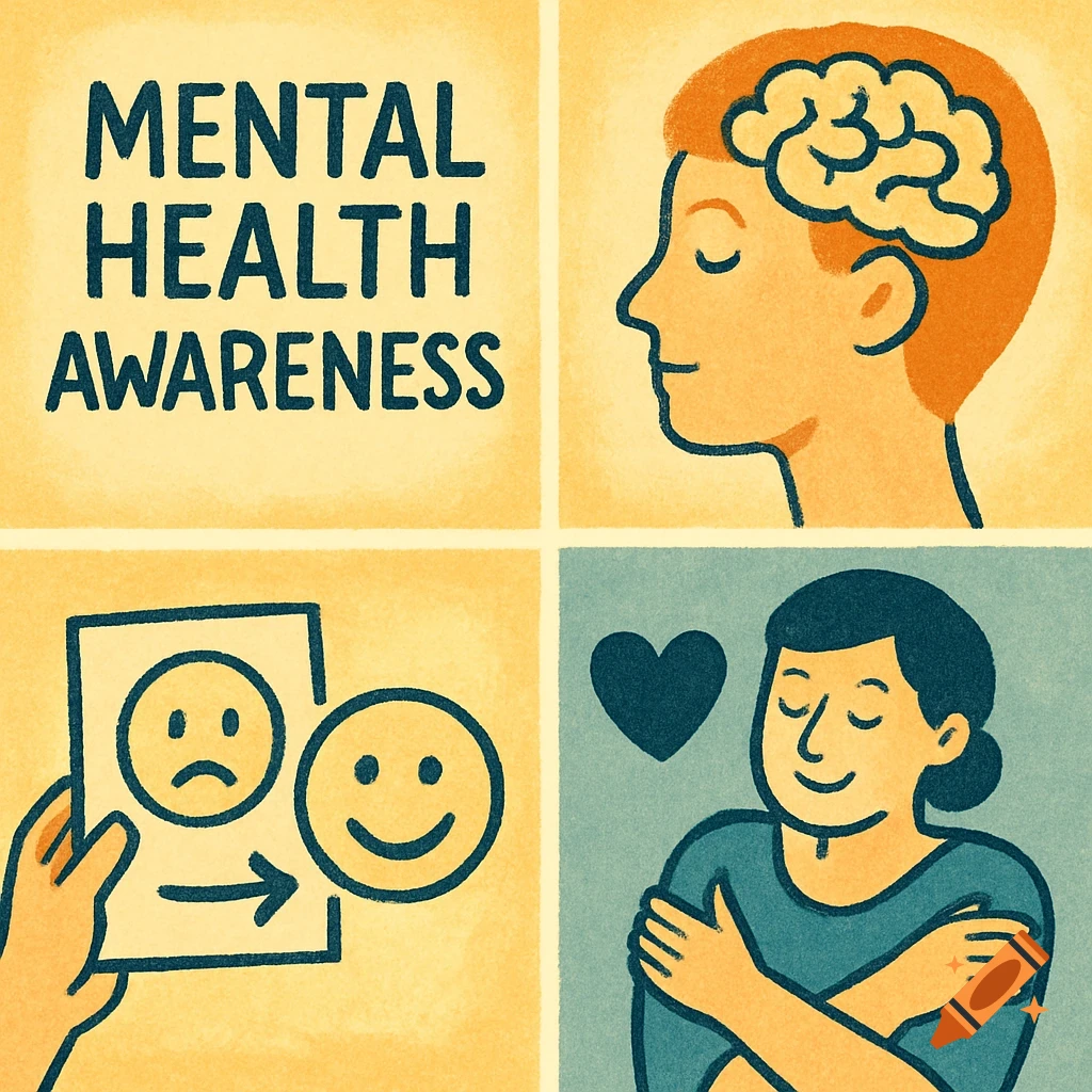 Illustration about mental health awareness in four panels showing text, brain, changing emotion, and self-care.