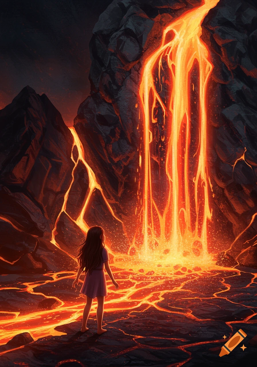 Illustration of a girl standing before a large lava waterfall flowing down rocks onto cracked ground.