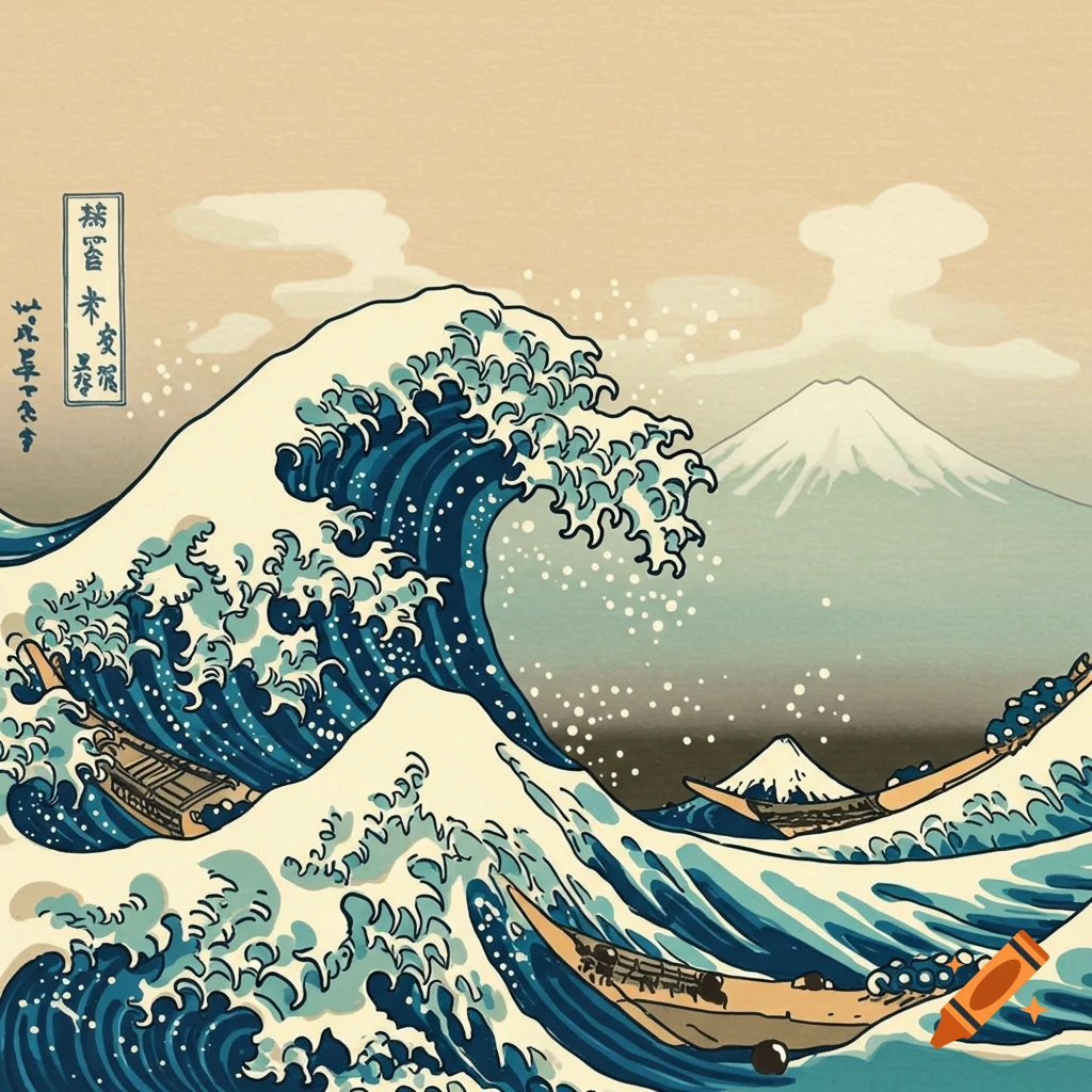 Japanese woodblock print style image of a giant wave with boats and Mount Fuji in the background.