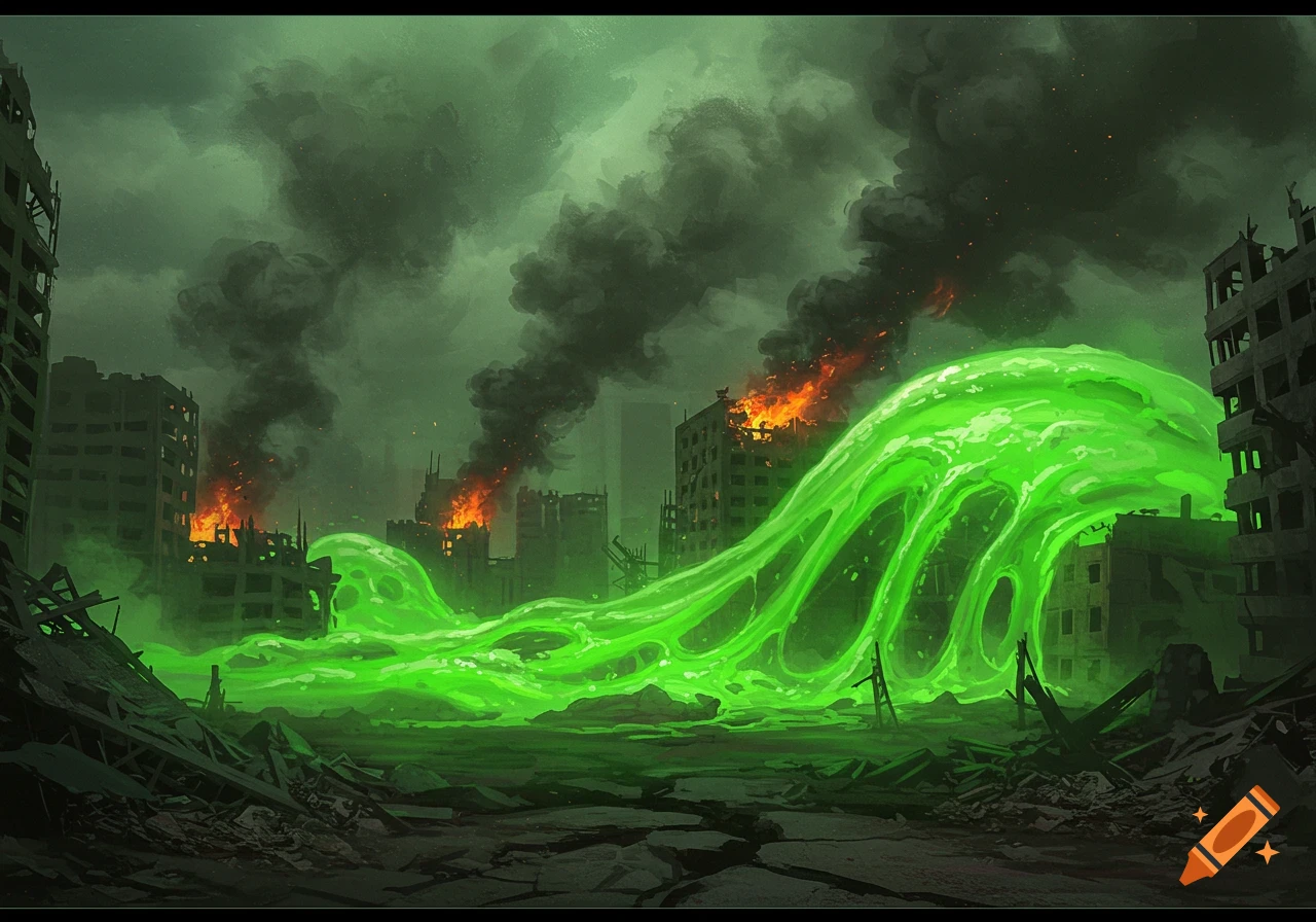Apocalyptic city scene with burning buildings and flowing bright green ooze under a dark sky, digital painting style.
