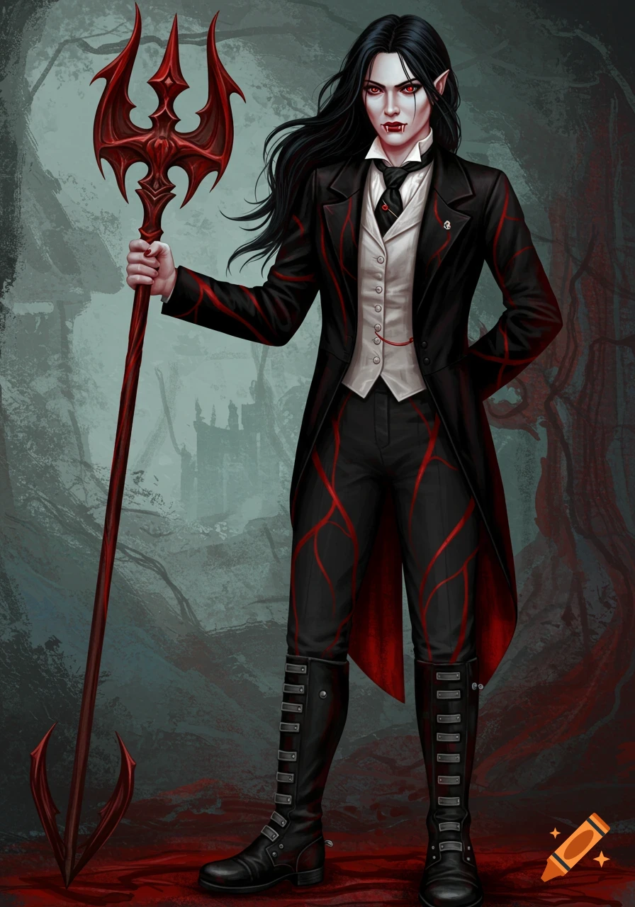 Illustration of a male vampire with fangs and red eyes, holding a red trident, in a black coat and white vest, standing in a gothic setting.