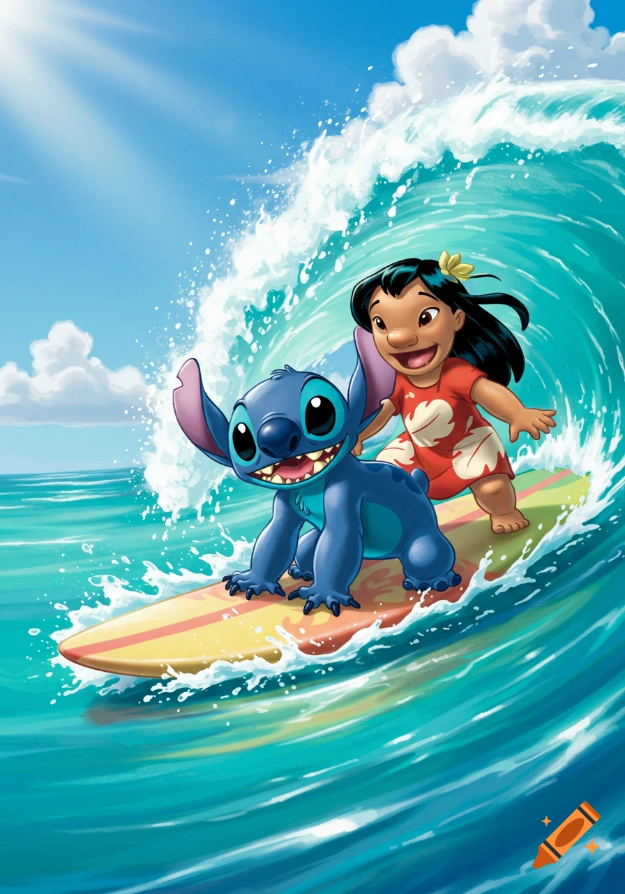 Lilo and Stitch surf a large wave, cartoon style