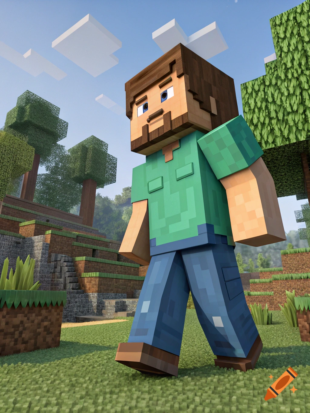 Blocky character resembling Minecraft's Steve walks through a blocky outdoor landscape.