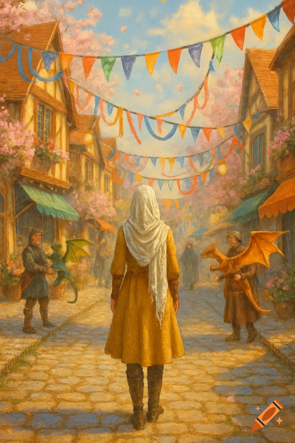 A woman walks down a decorated village street with people holding dragons, painted style.