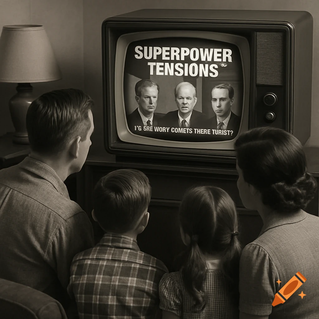 A family watches a 1950s television showing a news report titled 'SUPERPOWER TENSIONS'.