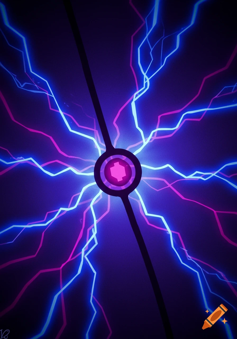 Abstract design with blue and pink electric effects radiating from a central glowing object.