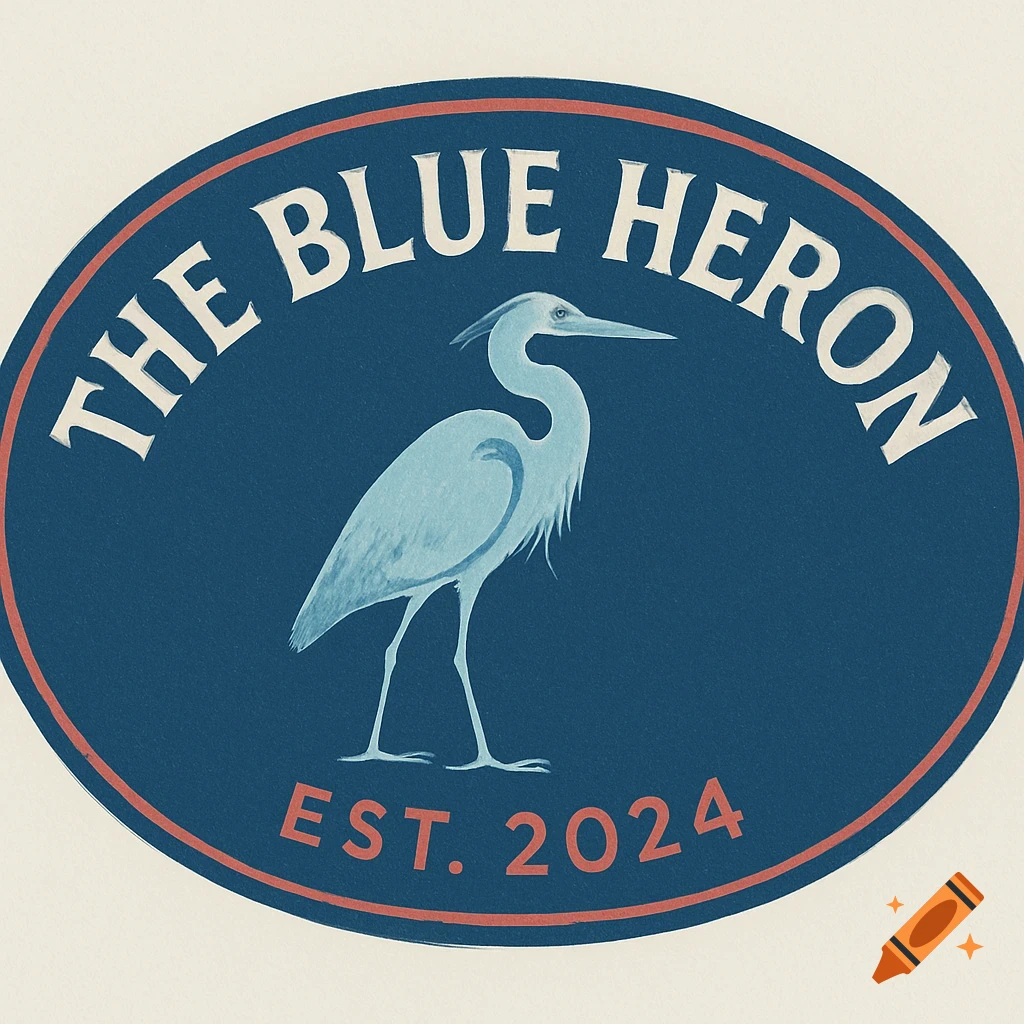Oval logo with "THE BLUE HERON" and "EST. 2024" surrounding a blue heron illustration.