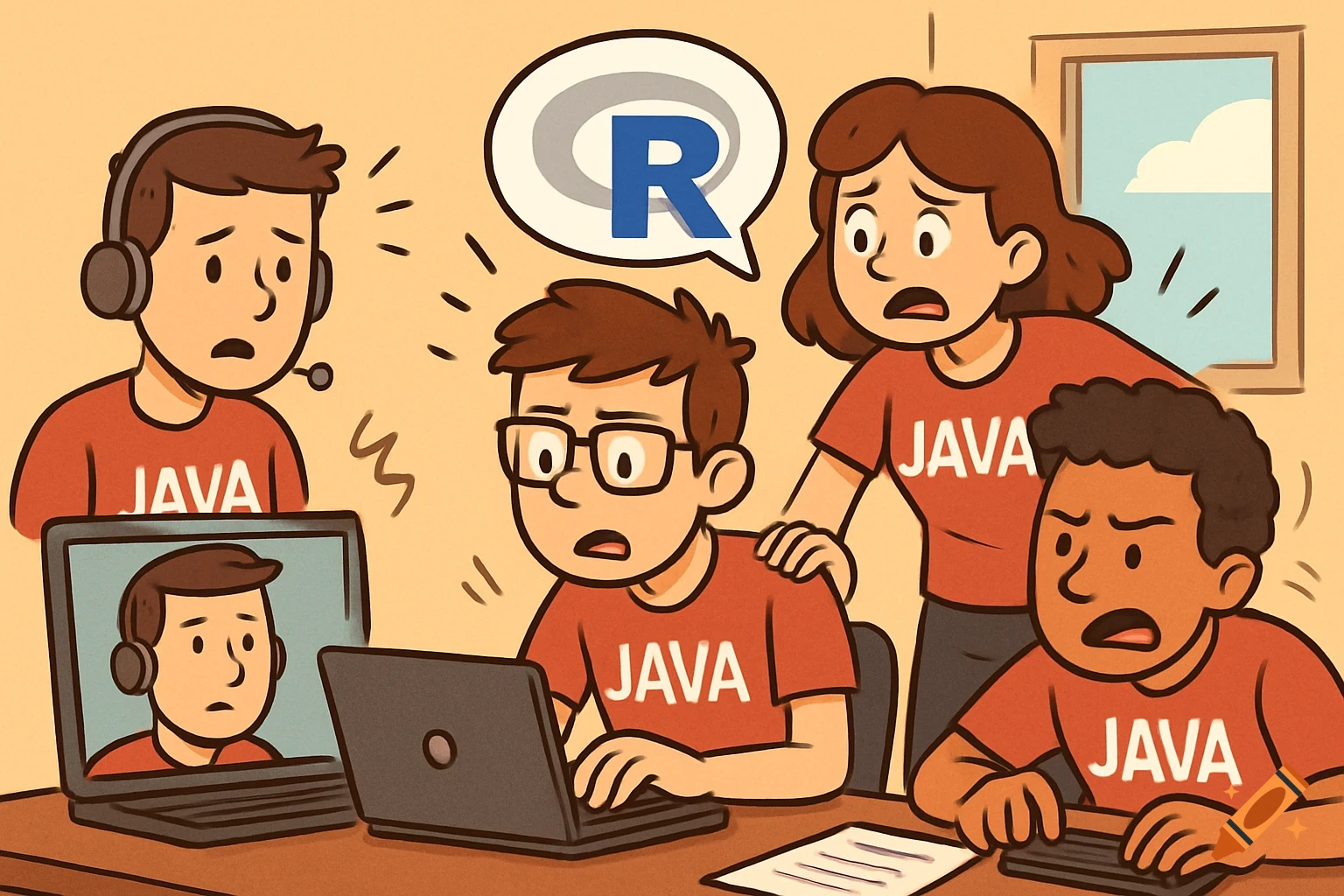 Cartoon illustration of several developers with 'JAVA' on their shirts, looking confused while working on laptops, with an 'R' symbol in a speech bubble.