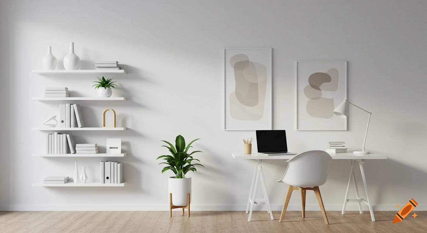 A minimalist home office with a desk, chair, laptop, bookshelves, and plants.