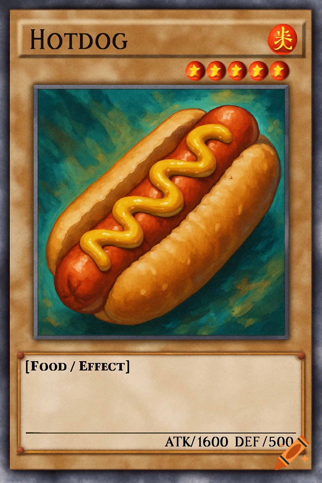A hotdog on a Yu-Gi-Oh! style trading card, painted style.