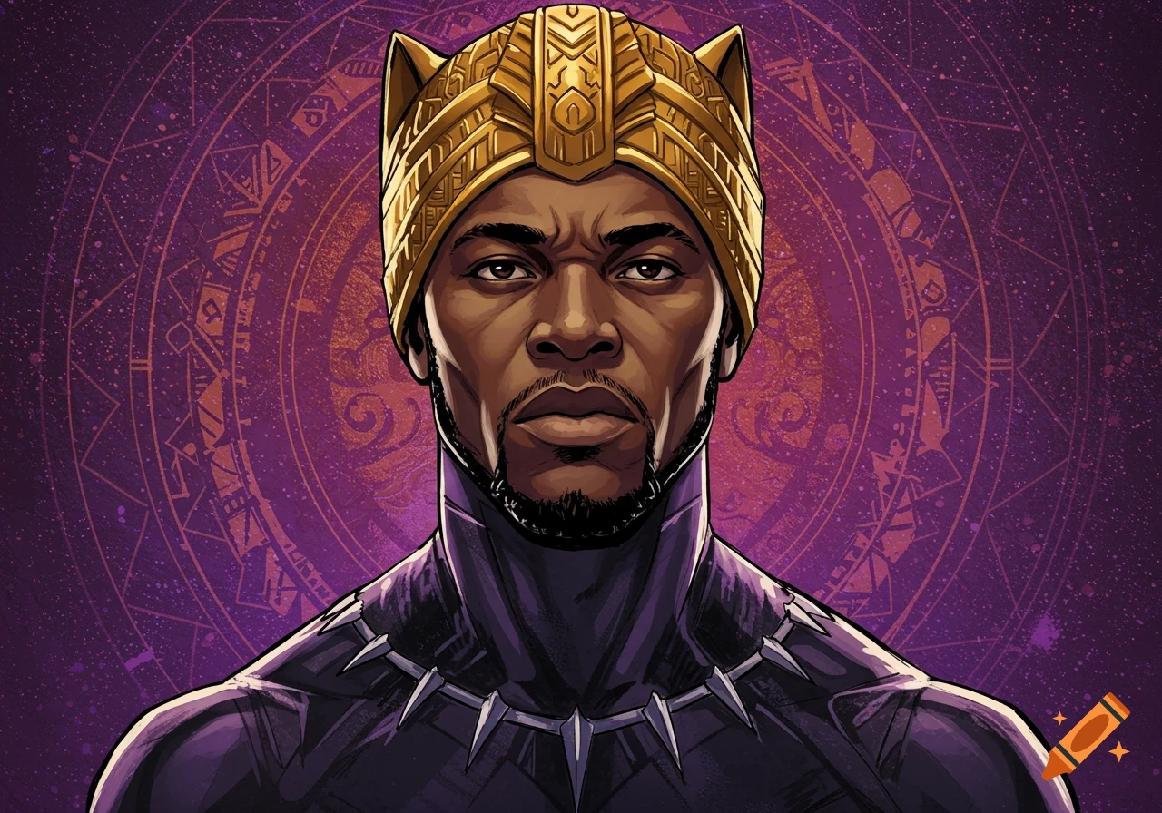 Stylized portrait of Black Panther in suit and golden crown against a purple patterned background