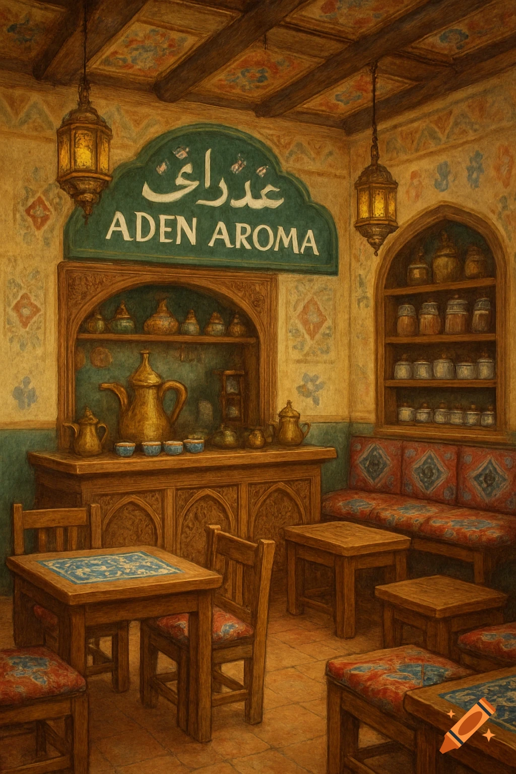 A painting of a Yemini style coffee shop interior with intricate carvings, patterned cushions, and an 'Aden Aroma' sign.