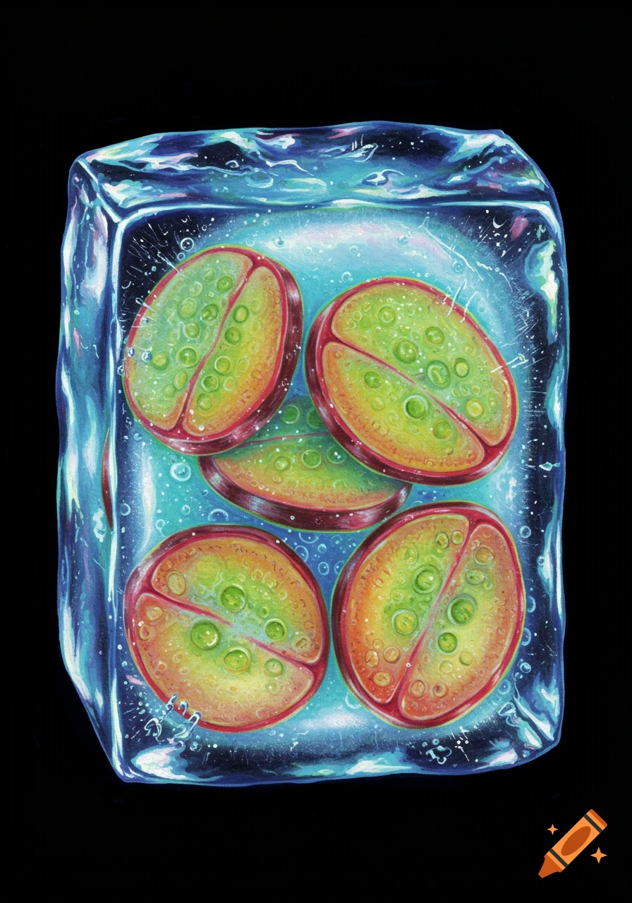 Abstract sliced objects frozen in a block of ice.