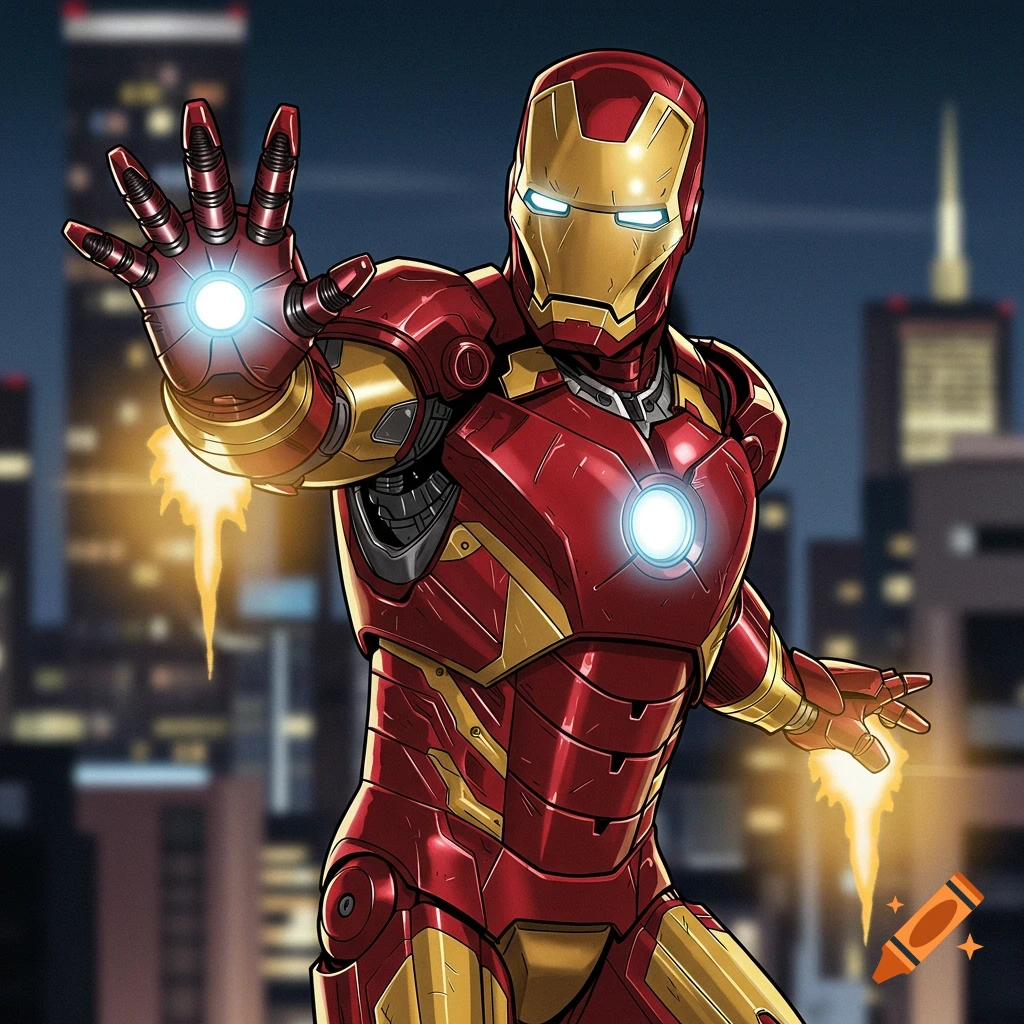 Iron Man in red and gold armor suit with hand outstretched, firing a blue repulsor blast. City buildings are visible in the background at night.