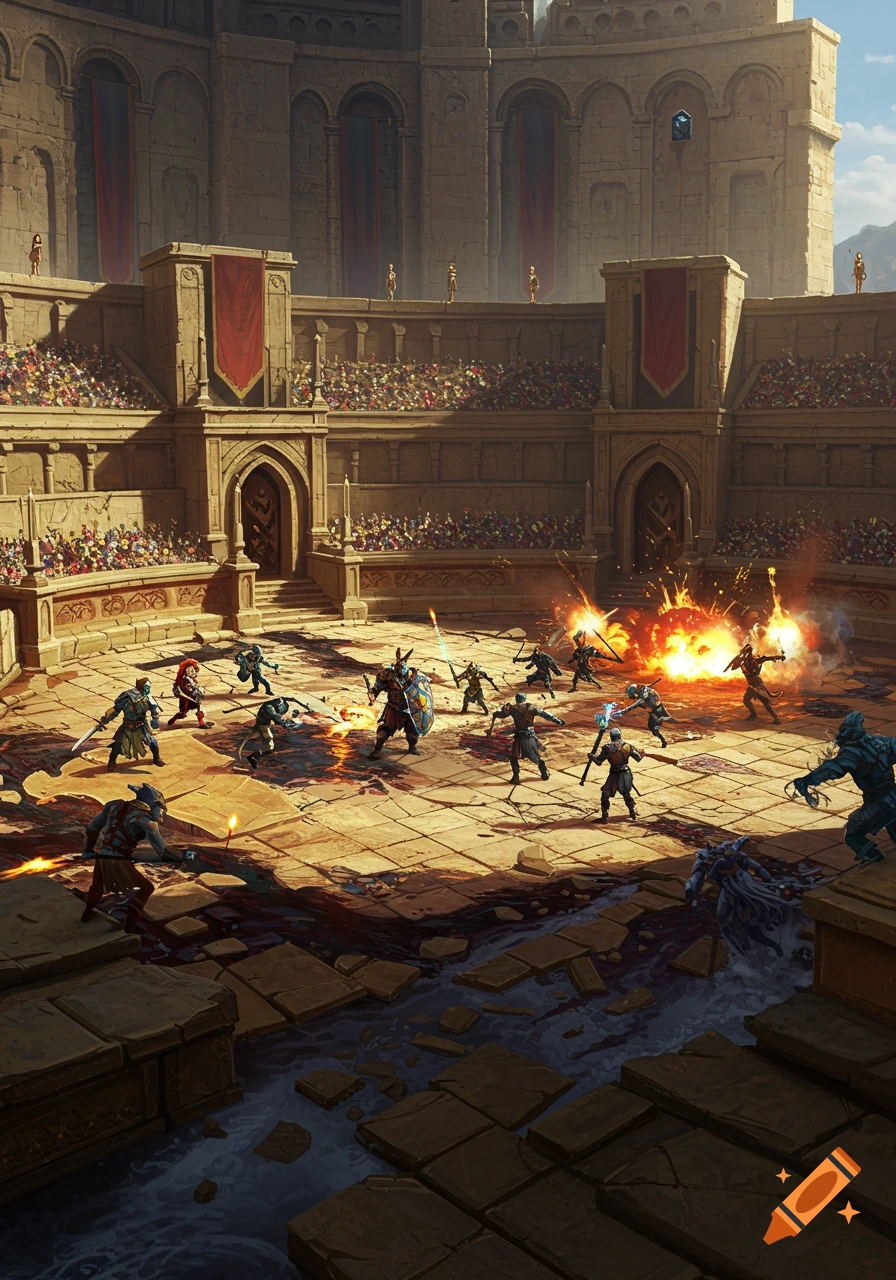 Fantasy warriors battle in a large stone arena before a packed crowd, surrounded by explosions and debris.