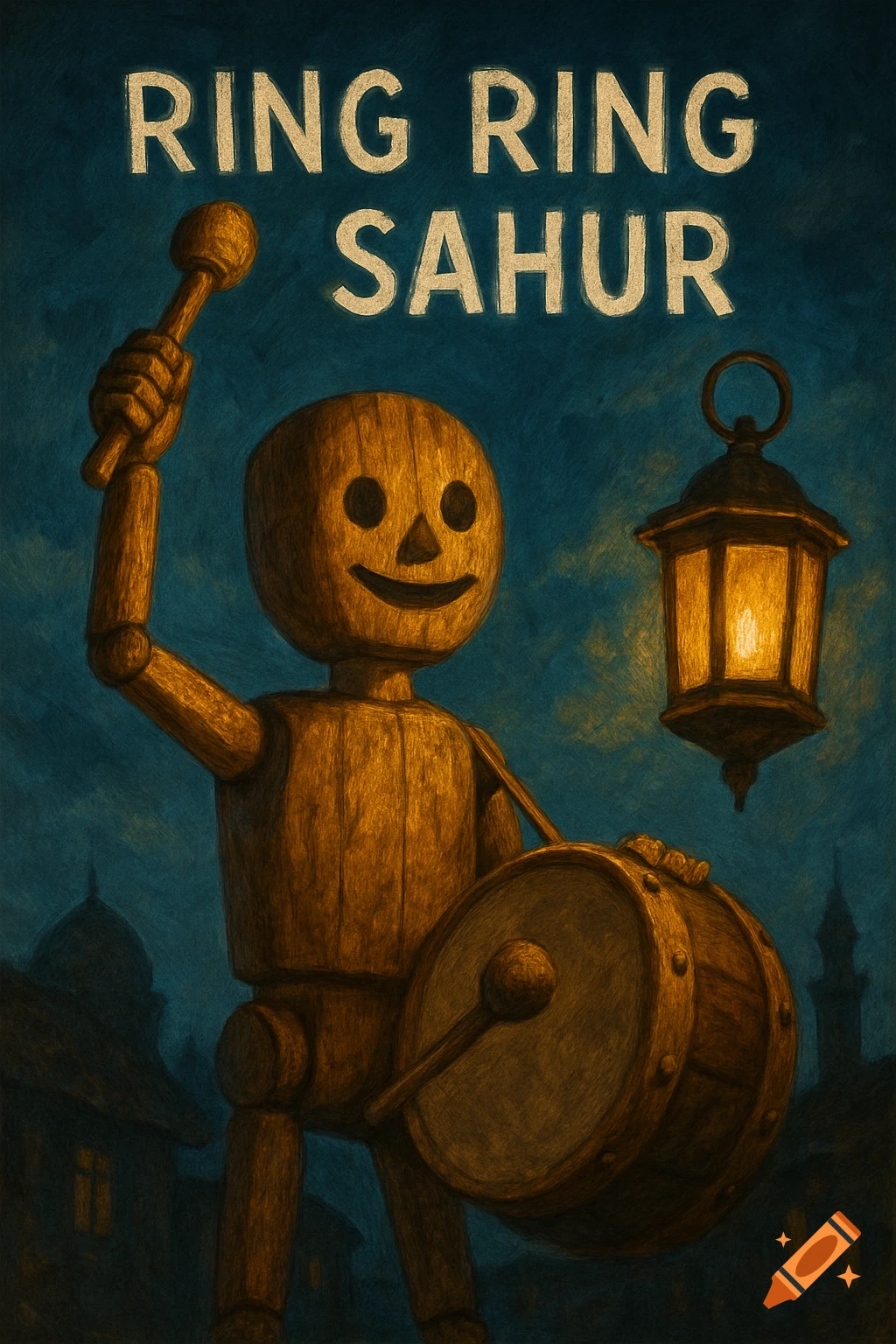 Wooden puppet holding a drum and drumstick next to a lantern. Text 'RING RING SAHUR' above. Painted style.