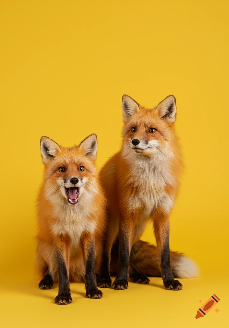 Two red foxes sit side-by-side on a yellow background, one panting.