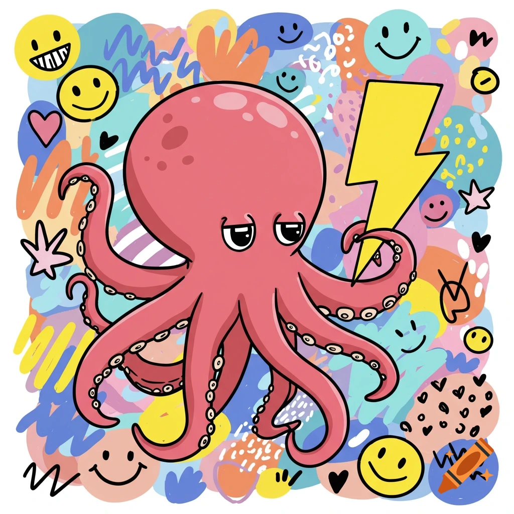 A cartoon octopus holds a lightning bolt against a colorful abstract background with smileys and shapes.