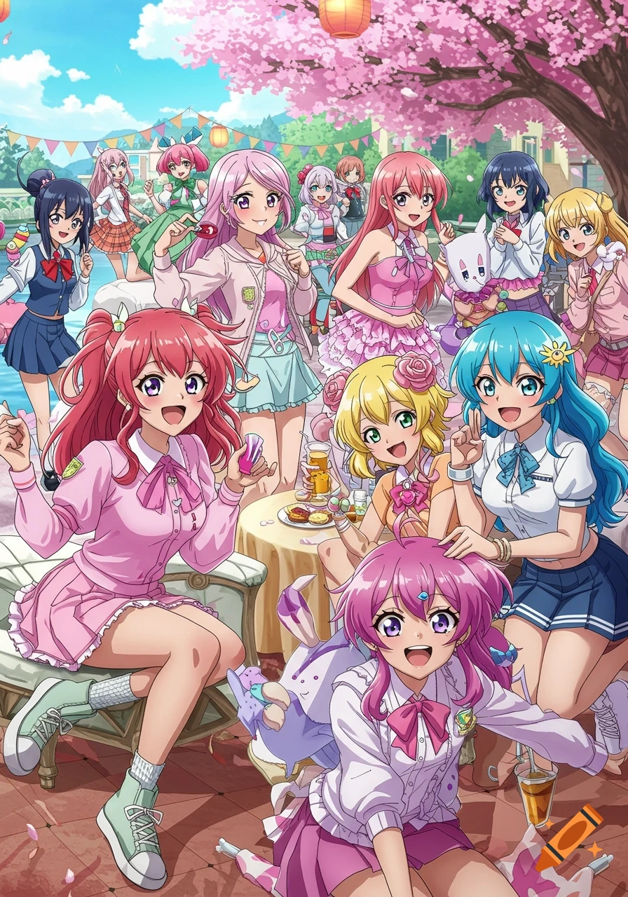 Anime illustration of many girls at a cherry blossom picnic or party.