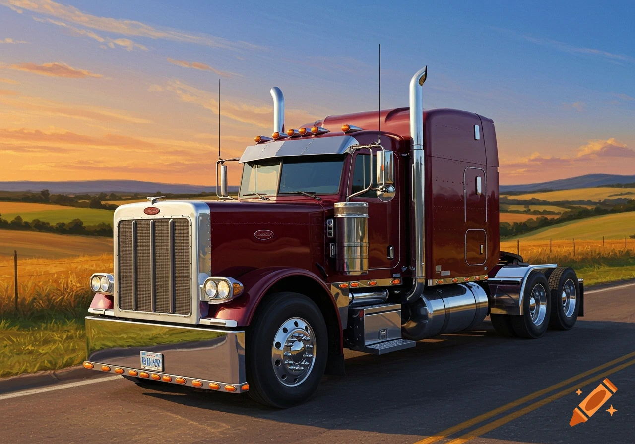 A red Peterbilt semi-truck is parked on a road next to golden fields at sunset.