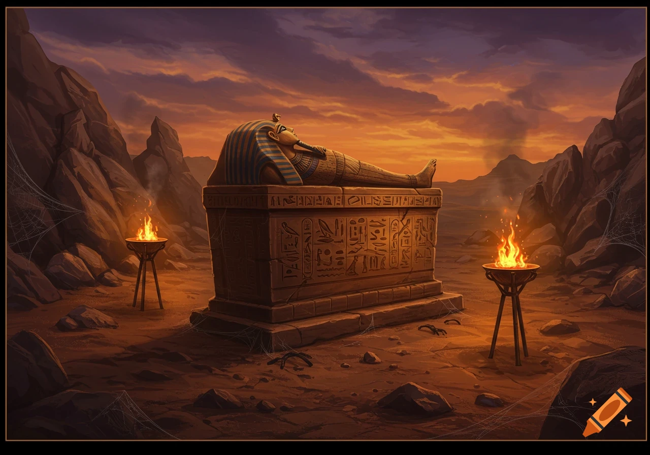 An ancient Egyptian sarcophagus in a desert landscape at sunset, with two burning torches and cobwebs.