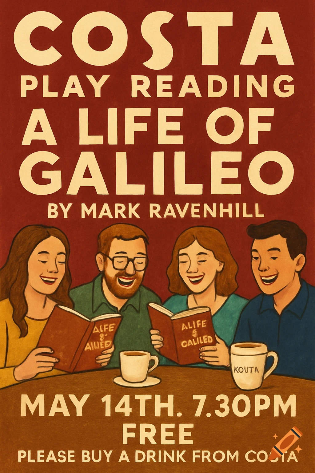 An illustrated poster for a play reading of 'A Life of Galileo', showing people reading books and text about the event details.