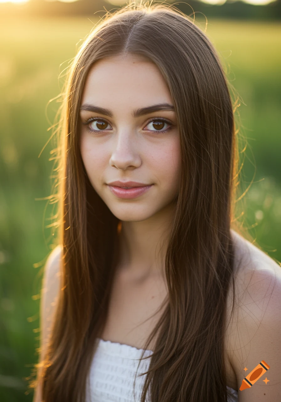 Portrait of a young woman with long brown hair and brown eyes in a ...
