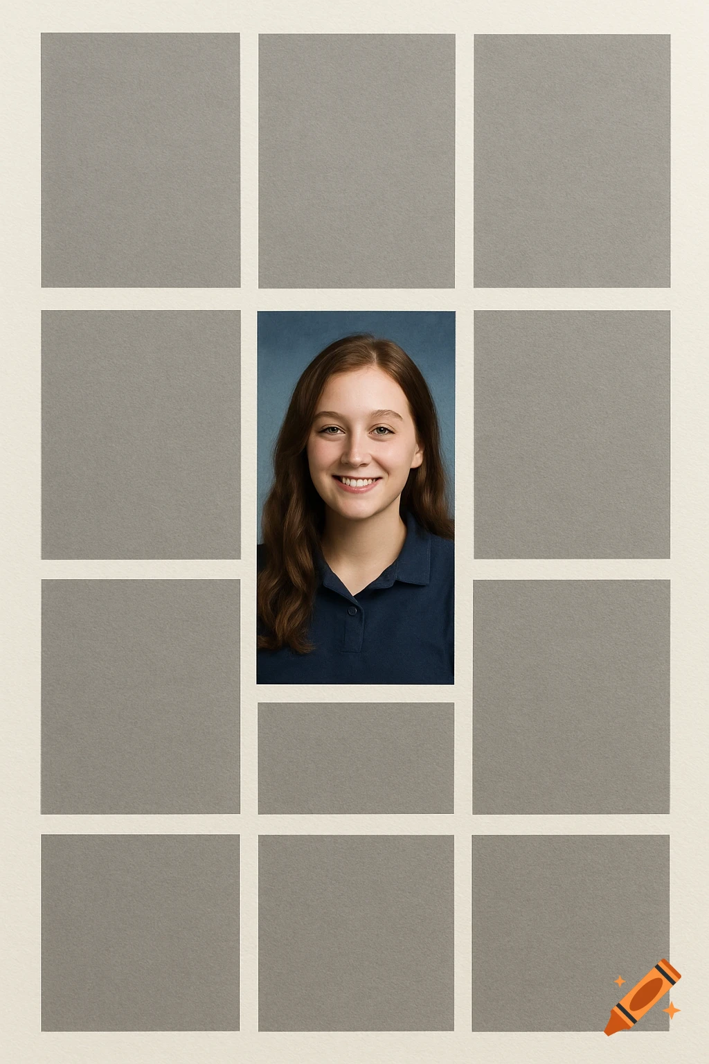 Young woman smiling in a high school yearbook photo surrounded by grey boxes.