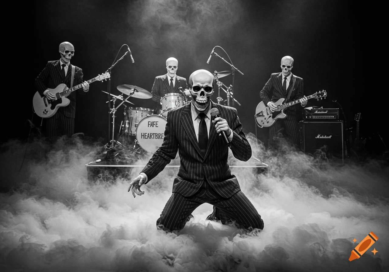 Black and white photo of a skeleton band performing on a smoke-filled stage. The lead skeleton singer is on his knees.