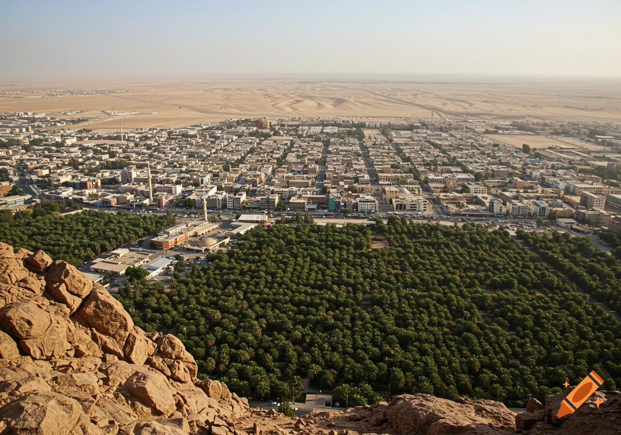 Aerial photo of a desert city next to a date palm forest, with rocky hills in the foreground.