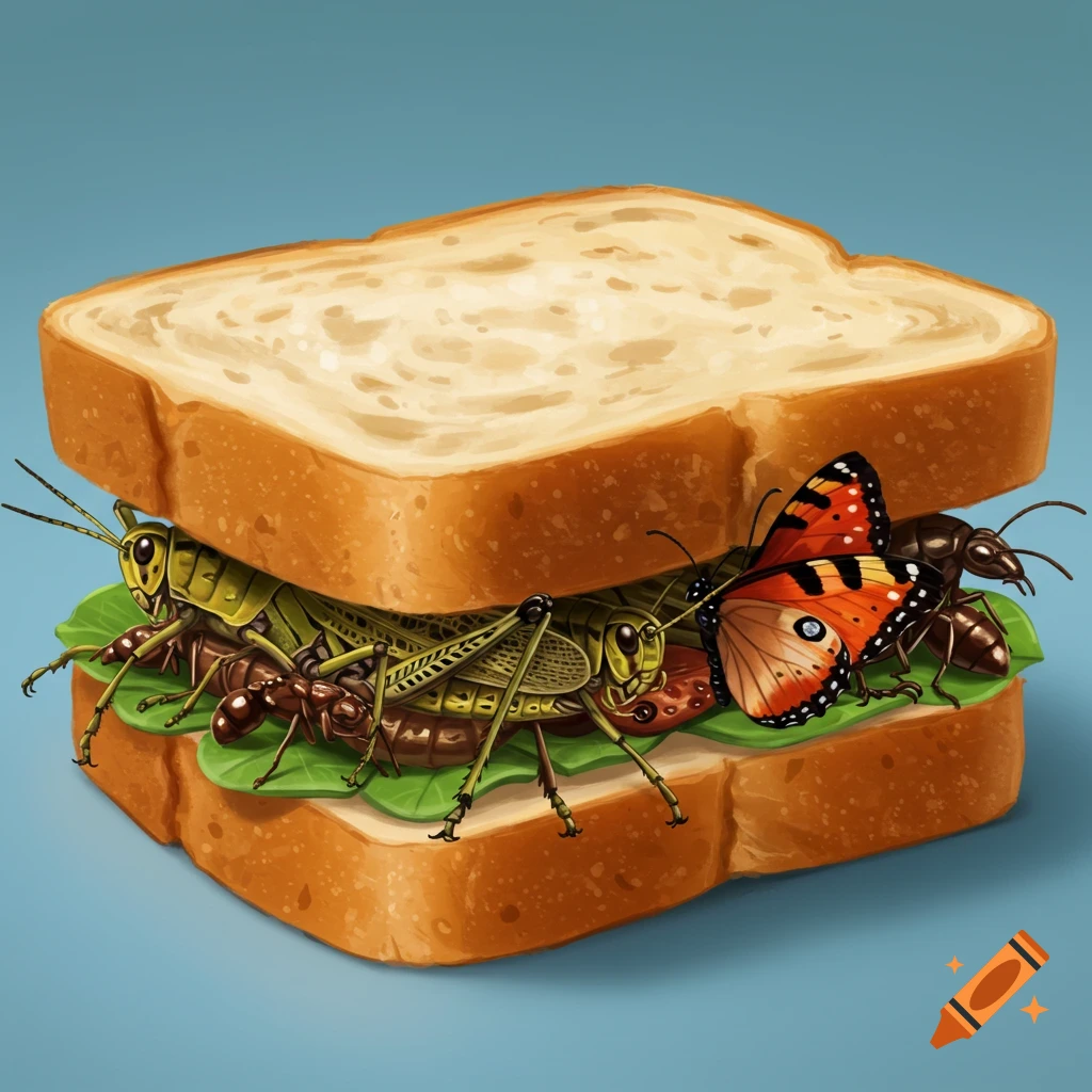 A sandwich filled with grasshoppers, ants, and a butterfly.