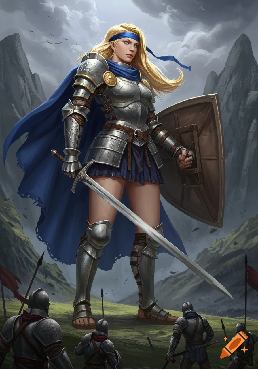 A giantess warrior in silver armor and blue cape stands over tiny soldiers in a mountain landscape, holding a sword and shield.