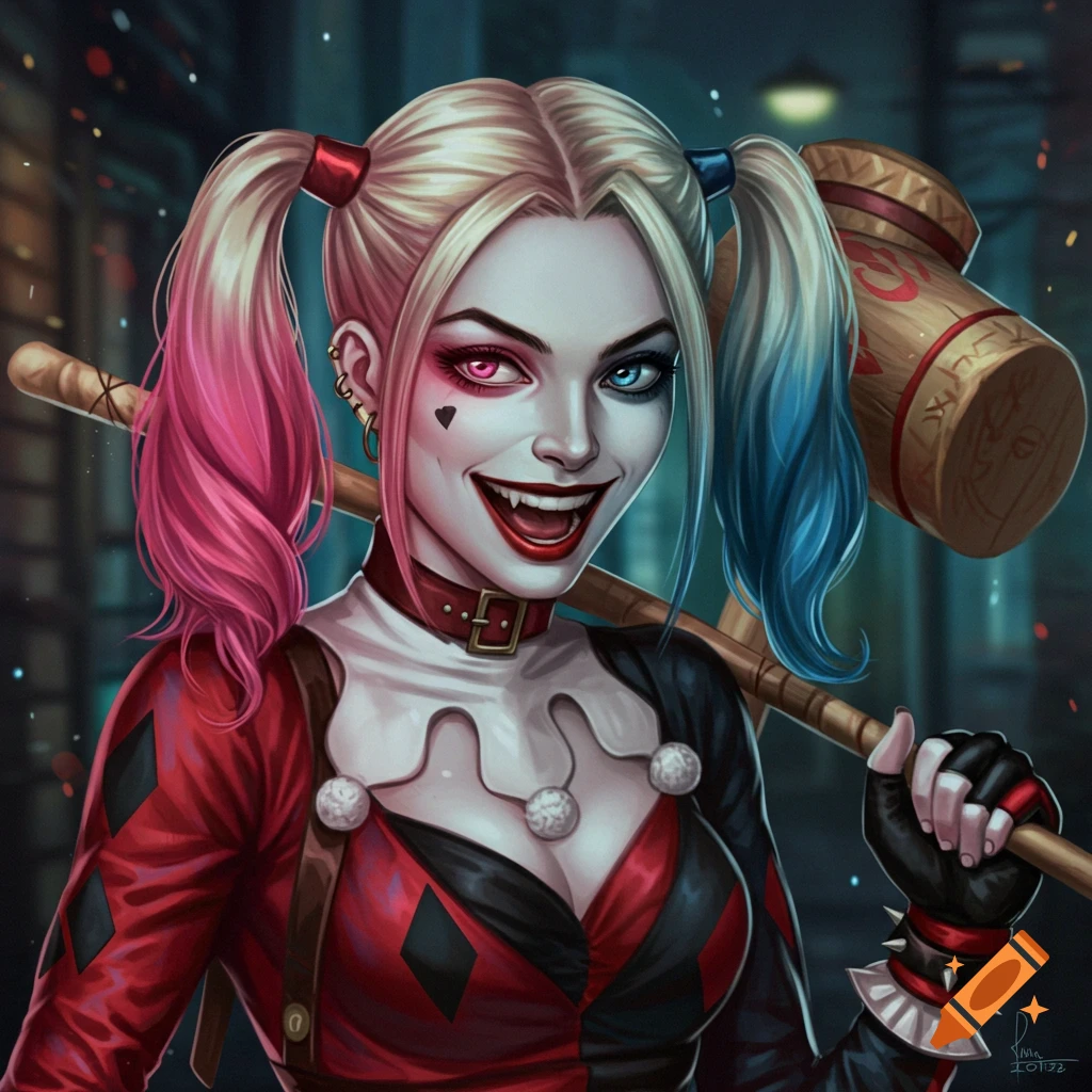 Realistic portrait of Harley Quinn holding a large wooden mallet over her shoulder.