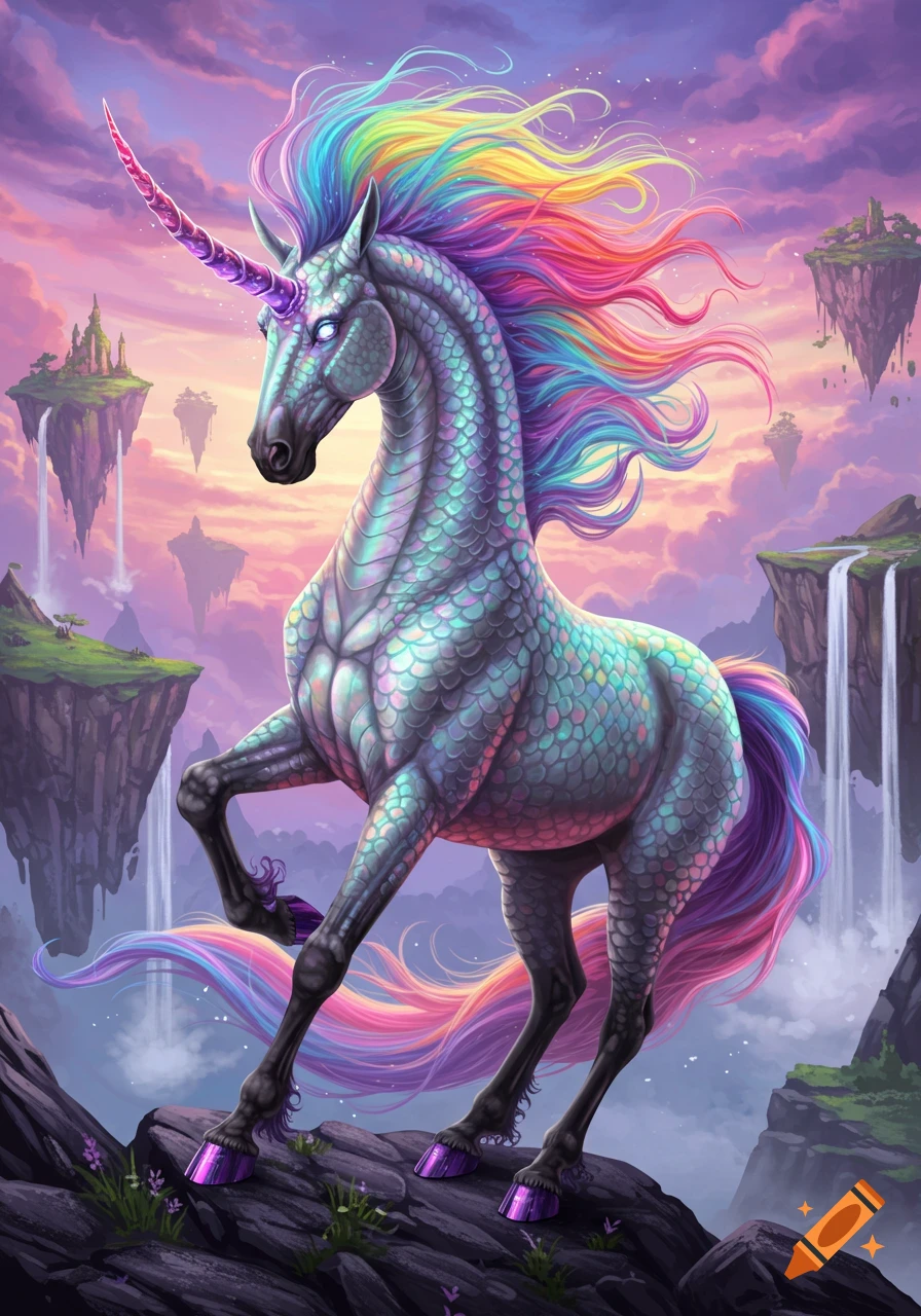 A shimmering scaled unicorn with a rainbow mane stands on a rocky cliff in a fantasy landscape with floating islands and waterfalls.