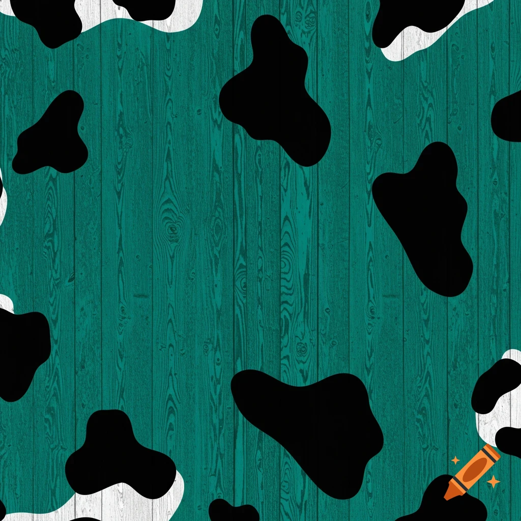 Seamless pattern of black and white cow spots on teal wood texture