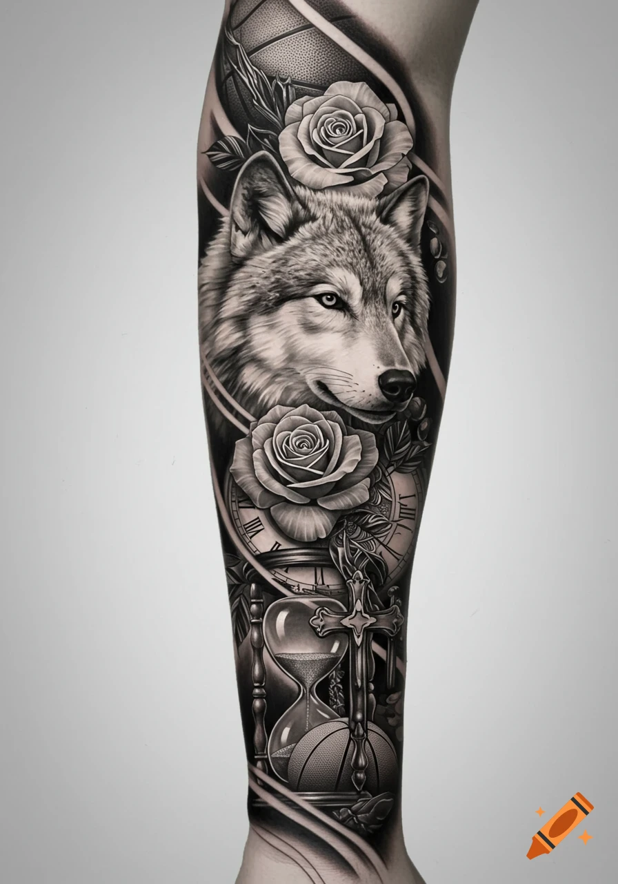 Black and white forearm tattoo design with a wolf, roses, clock, hourglass, and cross in a realistic style