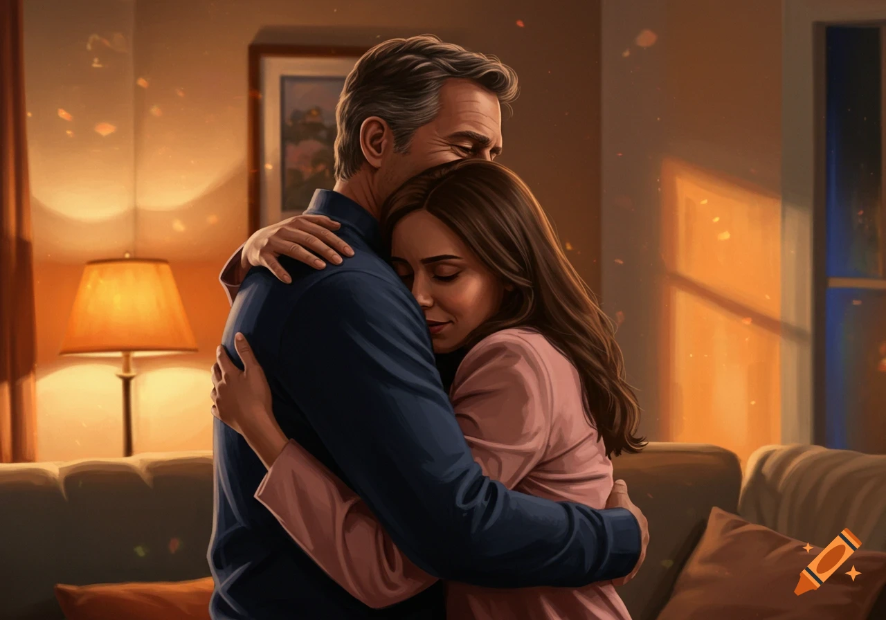 Illustration of a man and woman hugging in a warm room.