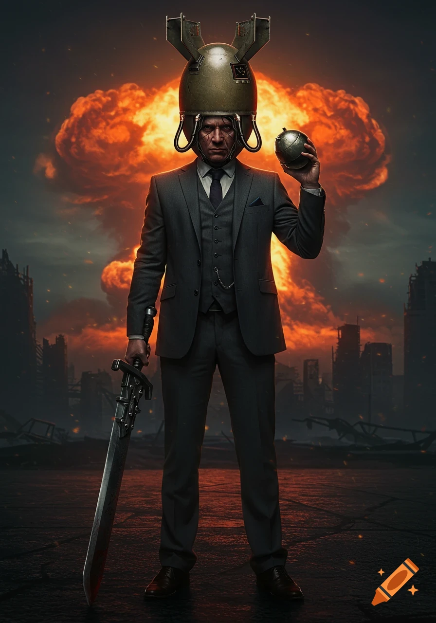 A man in a suit with a bomb for a head stands holding a large sword and a small bomb before a nuclear explosion and ruined city.