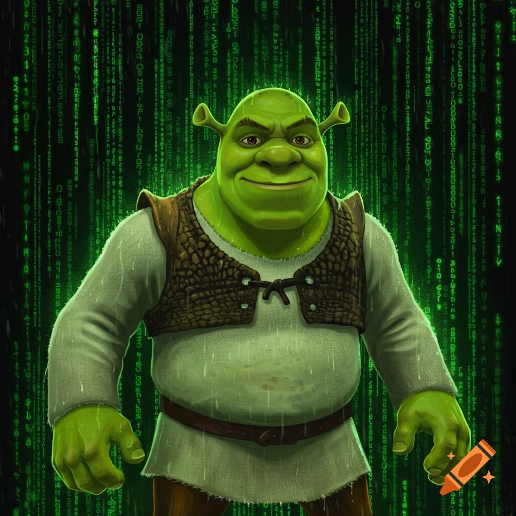 Shrek stands in front of a green background of digital code rain.